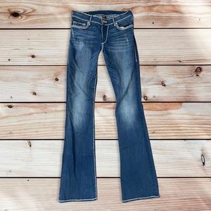 True religion heavy stitch flap pocket mid rise jeans
